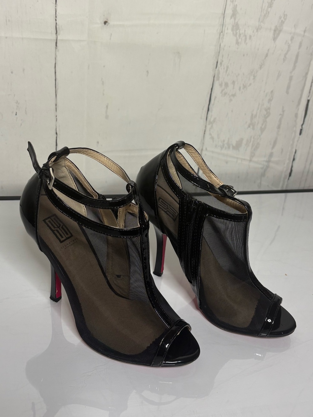 Black Mesh Peep-Toe Ankle Strap Heels - Unbranded